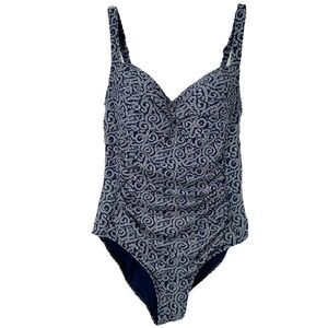 Nip Tuck Swimsuit One Piece Size 6 Slimming Ruched Navy Blue Vine Swirl Classic